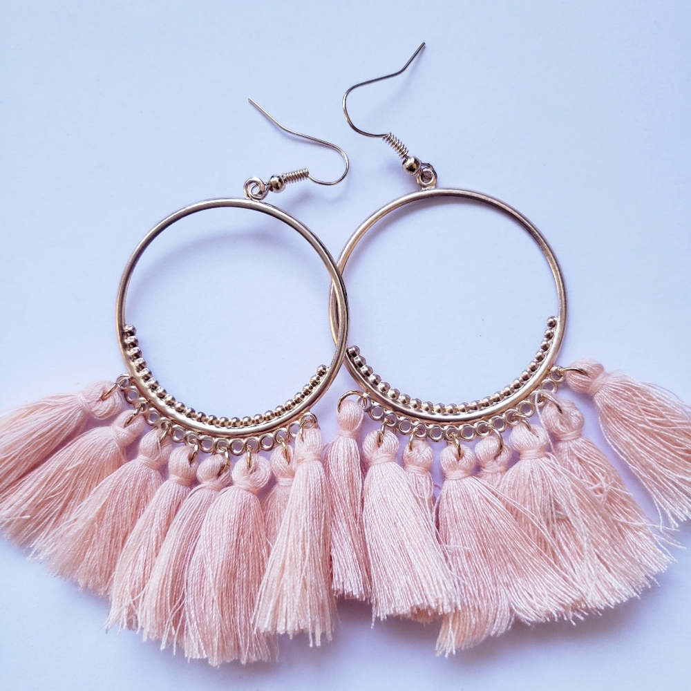 Peach Colored Tassel Boho Hoop Earrings